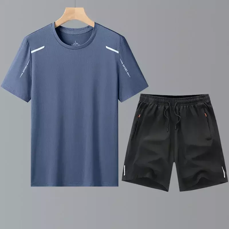 Sommer Herren Sport Set Eis Seide gedruckt Rundhals ausschnitt Kurzarm T-Shirt Casual Shorts zweiteiliges Set