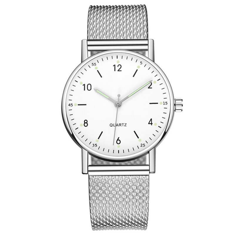 Relógio com mostrador luminoso em aço inoxidável para senhoras, estilo simples, relógios prateados, quartzo high-end, lazer