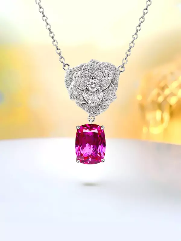 Colgante de plata S925 de turmalina Rosa Floral, con incrustaciones de diamantes de alta elasticidad, versátil, de nicho y sensación de alta gama