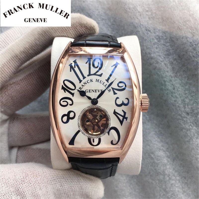 프랭크 뮬러 남성용 럭셔리 자동 기계식 시계, 셀프 와인딩 손목시계, 골드 토노 케이스, 가죽 시계