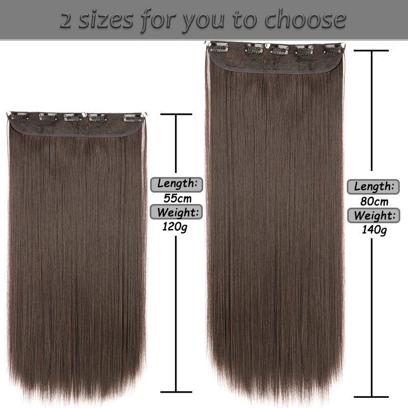 Syntetyczne długie proste fryzury 5 włosy Clip In przedłużanie 22 Cal/32 Cal żaroodporne treski brązowe czarne