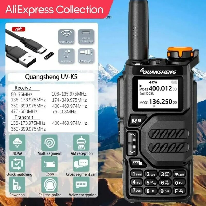 Quansheng-walkie-talkie UV-K5 de largo alcance, Radio bidireccional de doble banda, 5W, alta potencia, 1600mAh, portátil, 200 canales, Cable de TPYE-C gratis