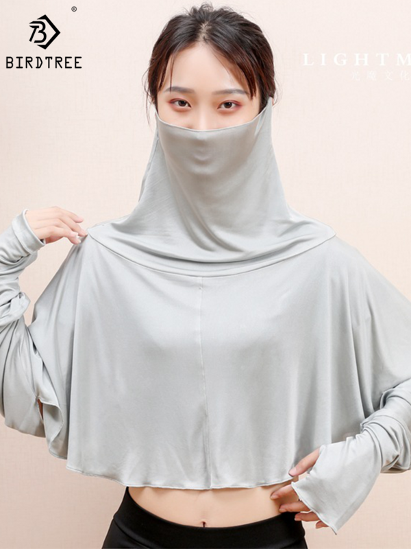 Birdtree-Real Silk Knit Sunscreen Vestuário para Mulheres, Manga Comprida, Resistente a UV, Capa de Proteção Facial, Summer Driving, A43862QM