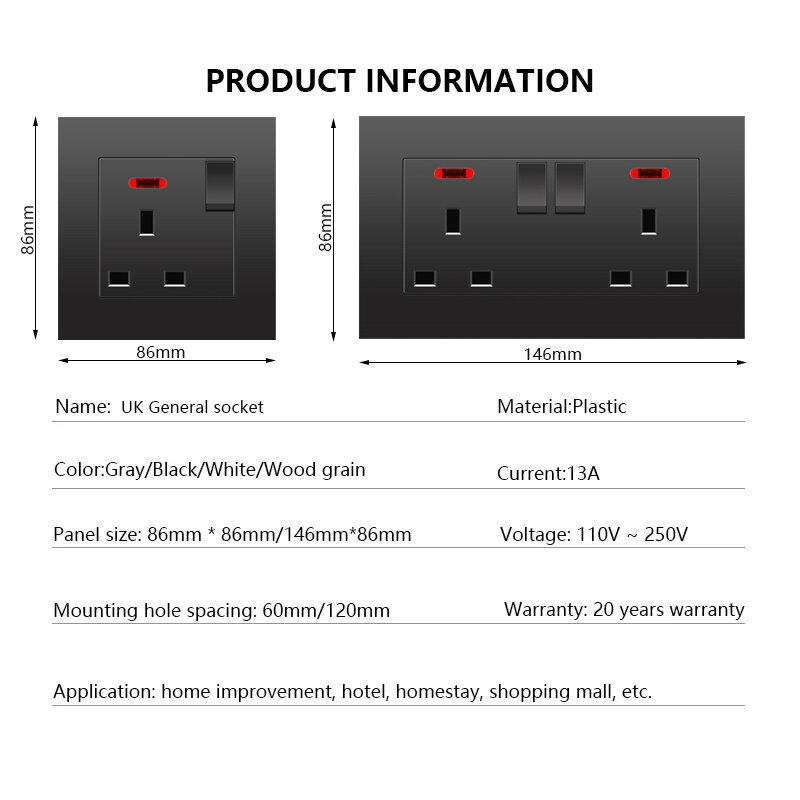 Черная настенная розетка стандарта Великобритании 13 а с разъемом USB типа C 18 Вт, штепсельная розетка для быстрой зарядки, универсальная настенная розетка питания 220 В, электрическая розетка с переключателем