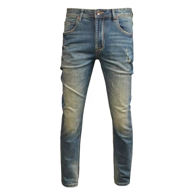 Jeans Pria Vintage Fashion Jeans Sobek Pas Badan Elastis Biru Retro Kualitas Tinggi Celana Denim Desainer Gaya Italia Pria Hombre