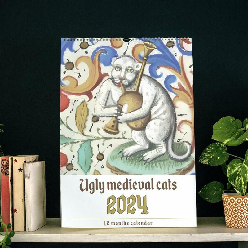 Calendario de gato Medieval para el hogar y la universidad, calendario de pared mensual creativo con imágenes de gatos medievales, arte de pared para mascotas, 2024
