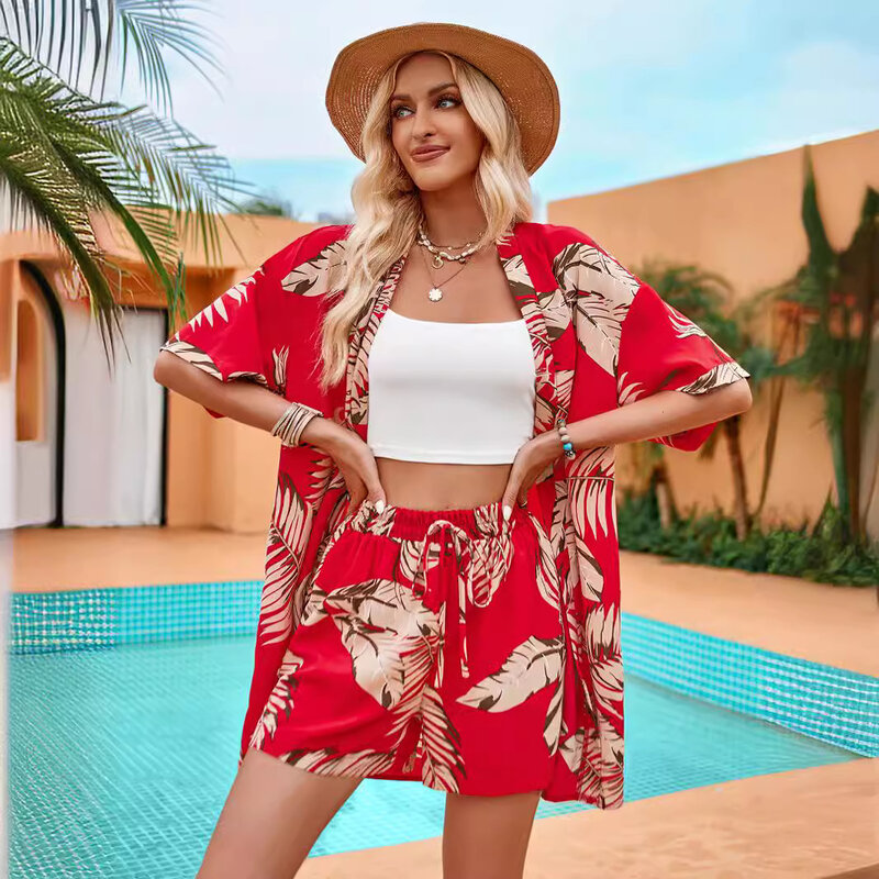 2024 Summer New Women's Fashion Print Leisure Holiday Style Cardigan Shorts Set Women's Fashion Two Pieces Suit Full Set