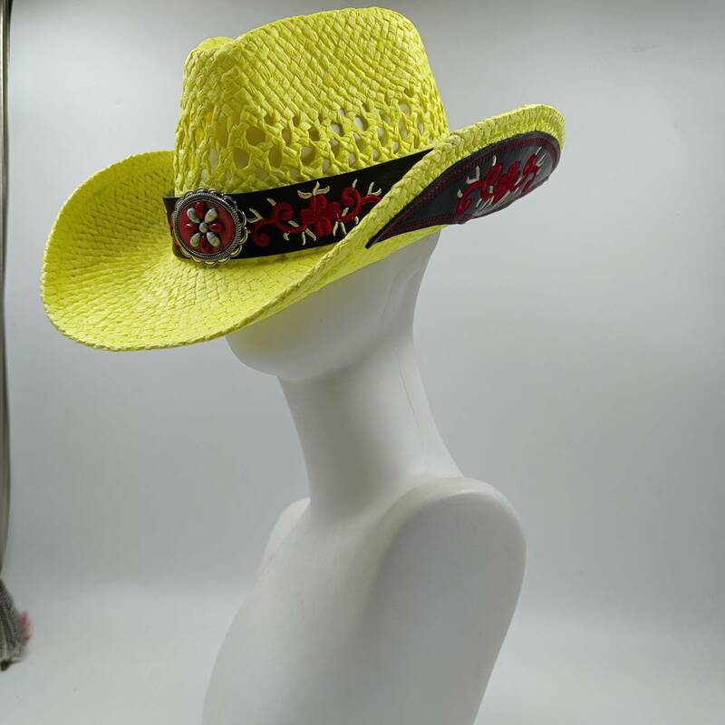 Lemon Yellow Cowboy Straw Hat Embroidered Decal 2024 Western Cowboy Sun Hat Spring Knight Hat Summer Wide brimmed Hat Sombrero