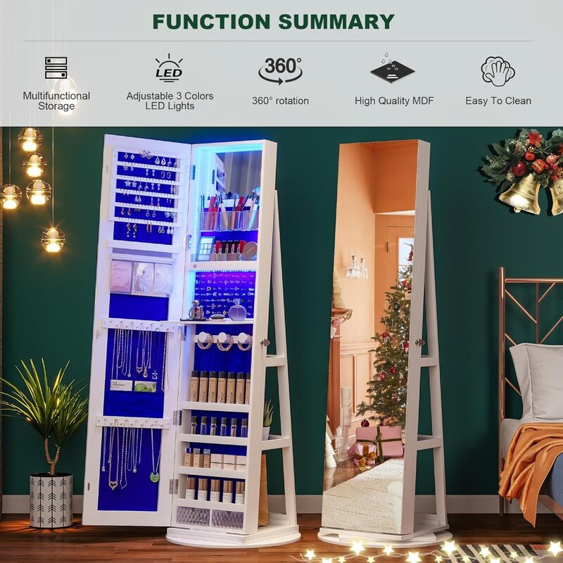 360° Swivel Jewelry Cabinet With Lights Rotatable Jewelry Mirror Organizer Bedroom Furniture Home