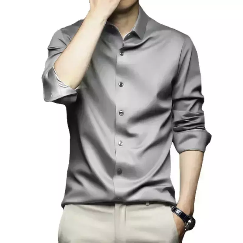 Camisa cinza de manga comprida masculina, justa, blusa casual, sem engomar, vestido de negócios, vestido de trabalho, extra grande, S-6XL