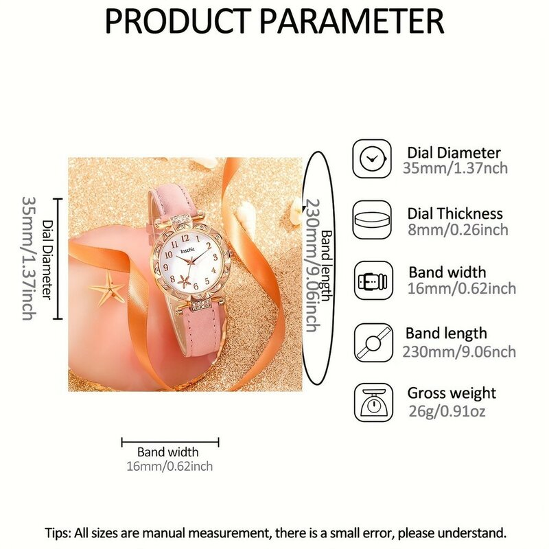 6pcs/set Women's Round Dial Watch Rhinestone Women's Watch Starfish Pattern Pink Belt Quartz Watch Pink Heart-shaped Jewelry Set