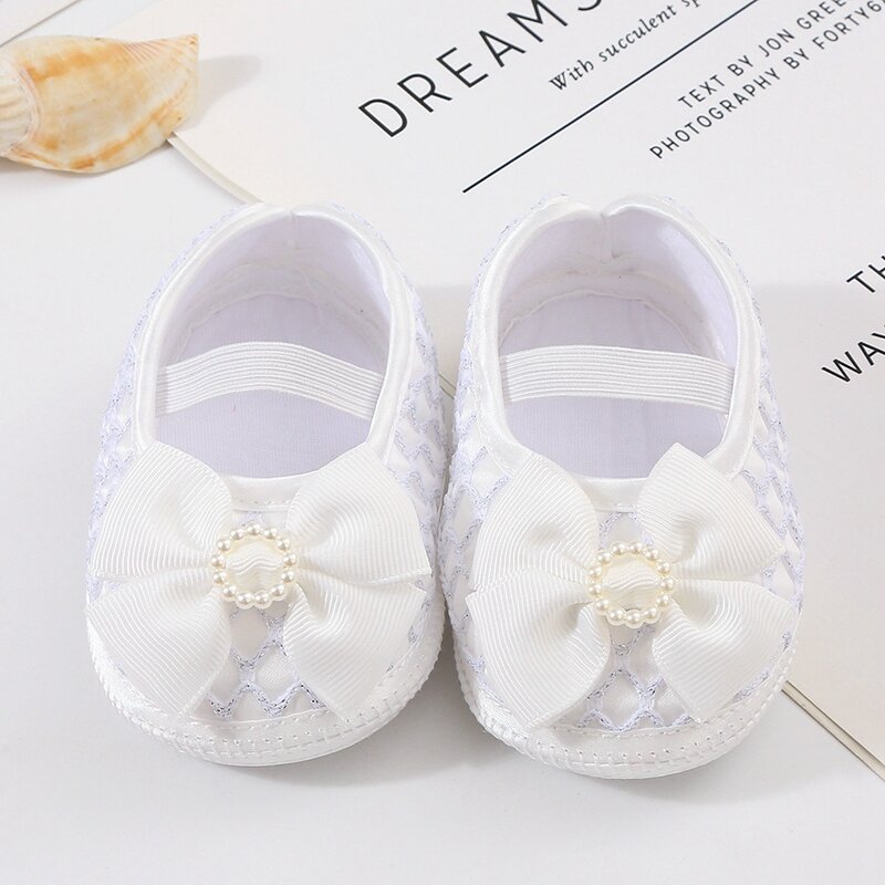 신생아 여아 세례 신발 및 머리띠 세트, 나비 매듭 짠 메리 제인 플랫, 첫 워커 유아용 침대 신발, 0-12M
