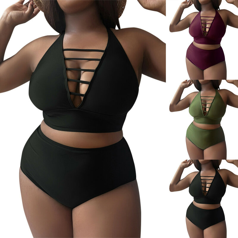 Bikini de talla grande para mujer, trajes de baño de Color sólido con correa frontal y Espalda descubierta, traje de baño Sexy negro para playa, novedad de 2024