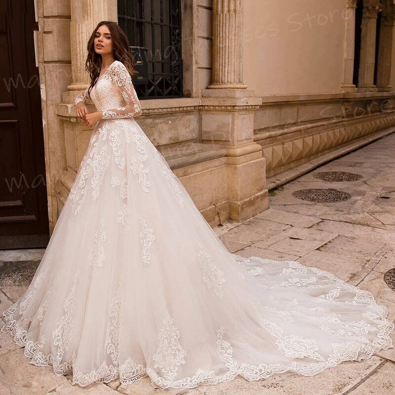 Gaun pernikahan wanita garis A mewah indah applique renda anggun gaun pengantin gaun putri lengan panjang Vestidos De Novia