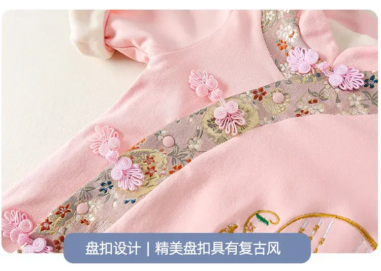 Chinese Stijl Kostuum Voor Pasgeboren Baby Eendelig Herfst/Winter Kleding Vintage Borduurwerk Warm Tang Pak Baby Kids Meisjes Roze Romper