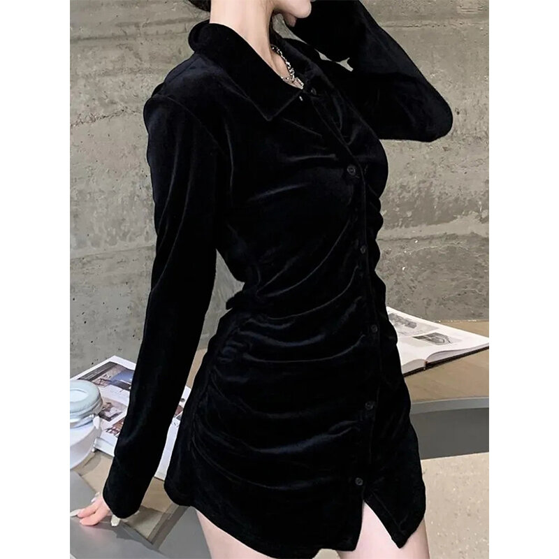 MEXZT-camisas Vintage para mujer, blusas plisadas de terciopelo negro, blusas coreanas elegantes con pliegues, cuello vuelto, manga larga, Tops casuales elegantes delgados