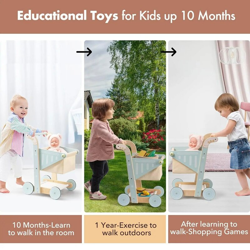 Robotime robud mainan keranjang belanja kayu bayi mainan dorong untuk bayi belajar jalan untuk balita anak-anak 10 bulan +