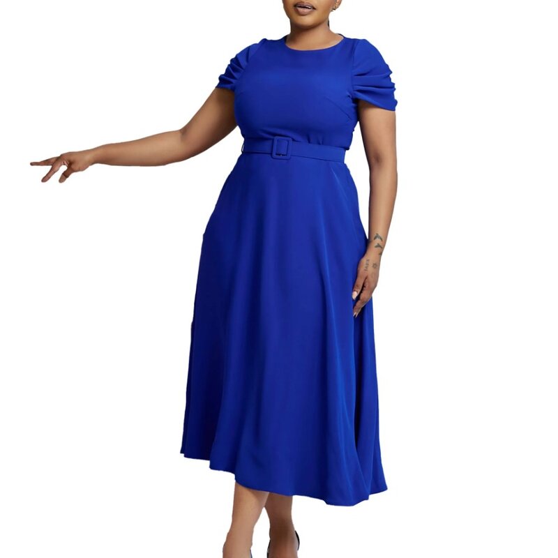 S-3XL 여성용 O넥 반팔 플리츠 드레스, 단색 오피스 레이디, 키 큰 허리, 종아리 길이, 2024 신상
