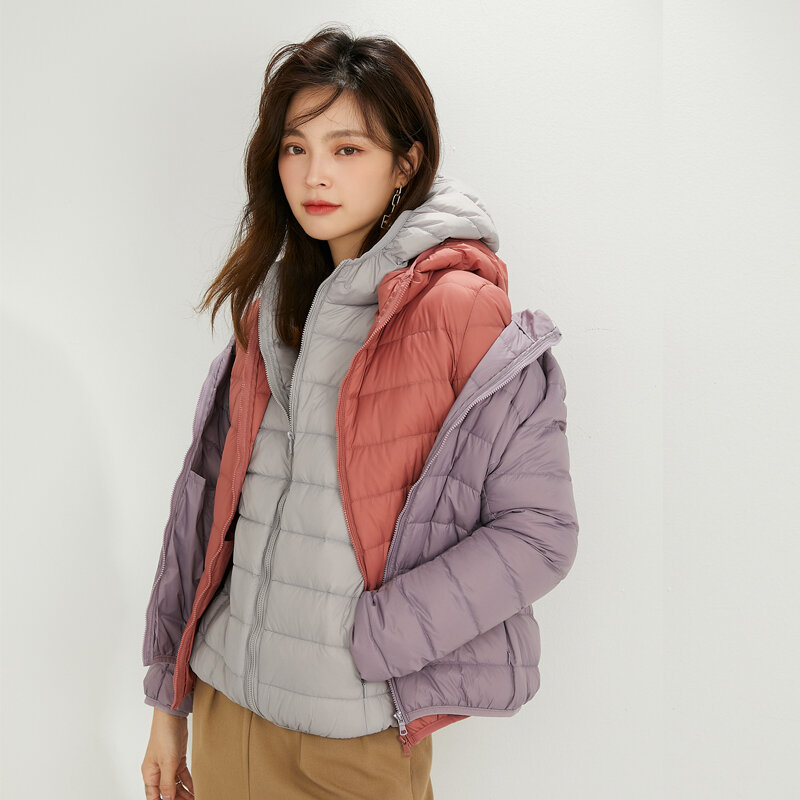 여성용 초경량 90% 덕다운 후드 재킷, 부드러운 매트 원단, 따뜻한 외투 코트, 고품질