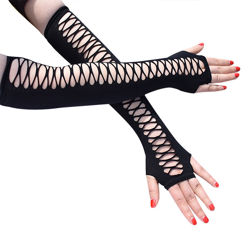 Women Elbow Length Punk Gloves Elastic Fingerless Gloves Touch Screen Mittens Cutout Cross Mesh Gloves Cosplay Party Costumes