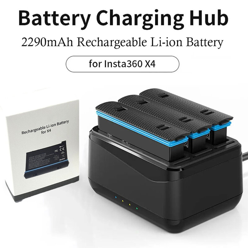 2290mAh Rechargeable Li-ion Battery  for Insta 360 X4, Amagisn Battery Charger 3 Slots Battery Charger For Insta360 X4 Accessory