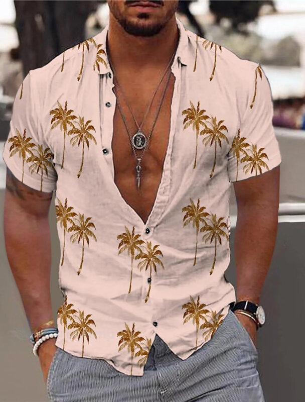Coco Masculino Verão Camisas Havaianas, com Recuo em Palma, Manga Curta, Botões para Baixo, Exterior, Harajuku, Roupa Masculina