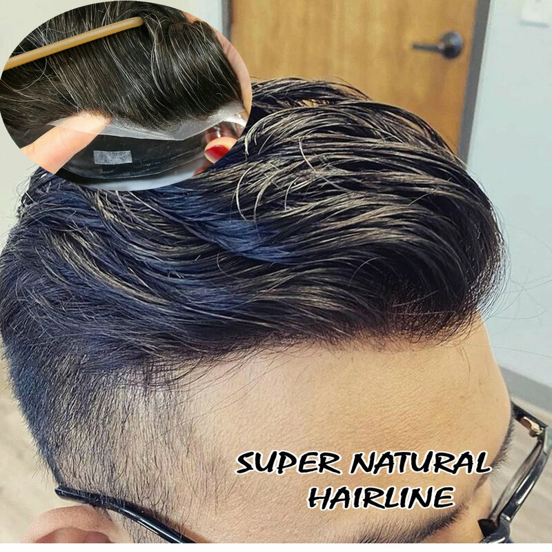 Men Toupee Natural Hairline Super Thin Skin 0.02mm Silicon Natural Black Human HairPieces Male Wig Replacements System Prosthesi