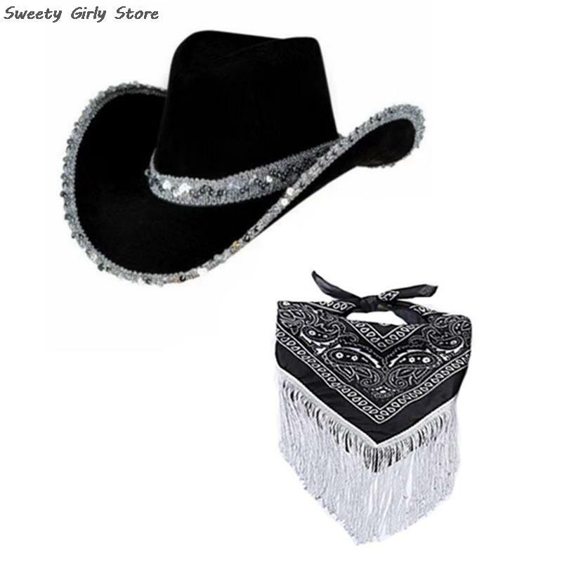 2pcs Cowgirl Sequin Cowboy Hat Set Performance Party Jazz Hats Large Brim Western Panama Cap Women Fancy Dress Up Headwear Caps