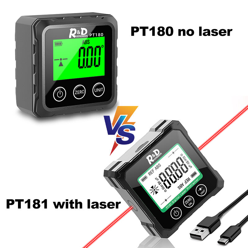 R & D PT180 PT181 Laser Digital Protractor Pengukur Sudut Inclinometer 3 In 1 Kotak Tingkat Laser Type-c Pengukur Sudut Pengisian untuk Rumah