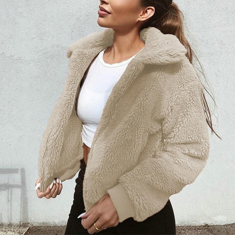 Women Solid Color Coat Cozy Plush Women's Winter Jacket Warm Stylish Functional Outerwear with Lapel Pockets Elastic Cuffs Soft