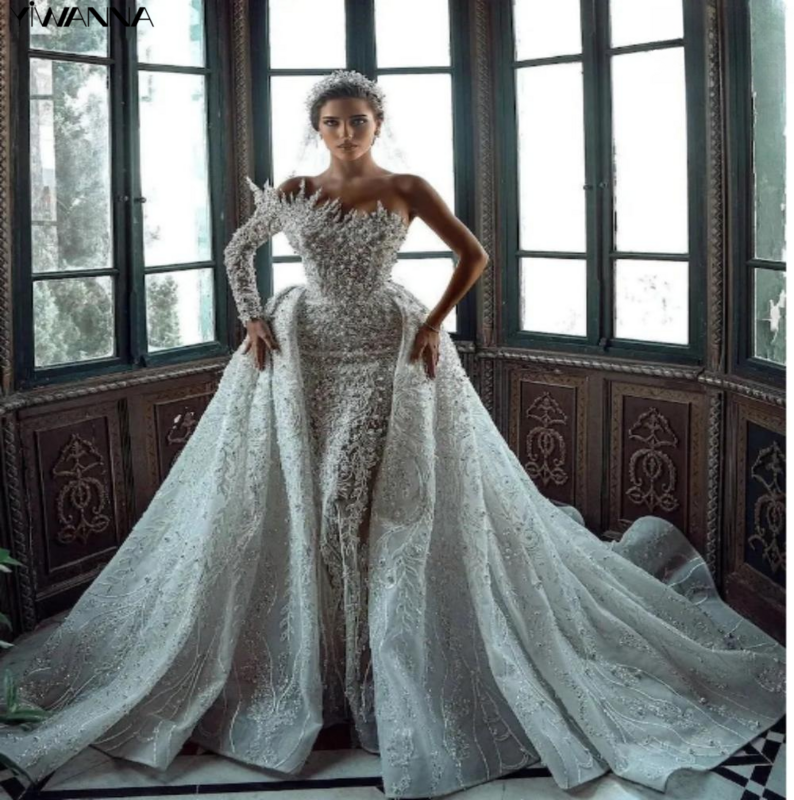 Luxo faísca frisada vestido nupcial, modesto vestido de casamento de um ombro, bainha sexy, andar de comprimento, vestido da noiva