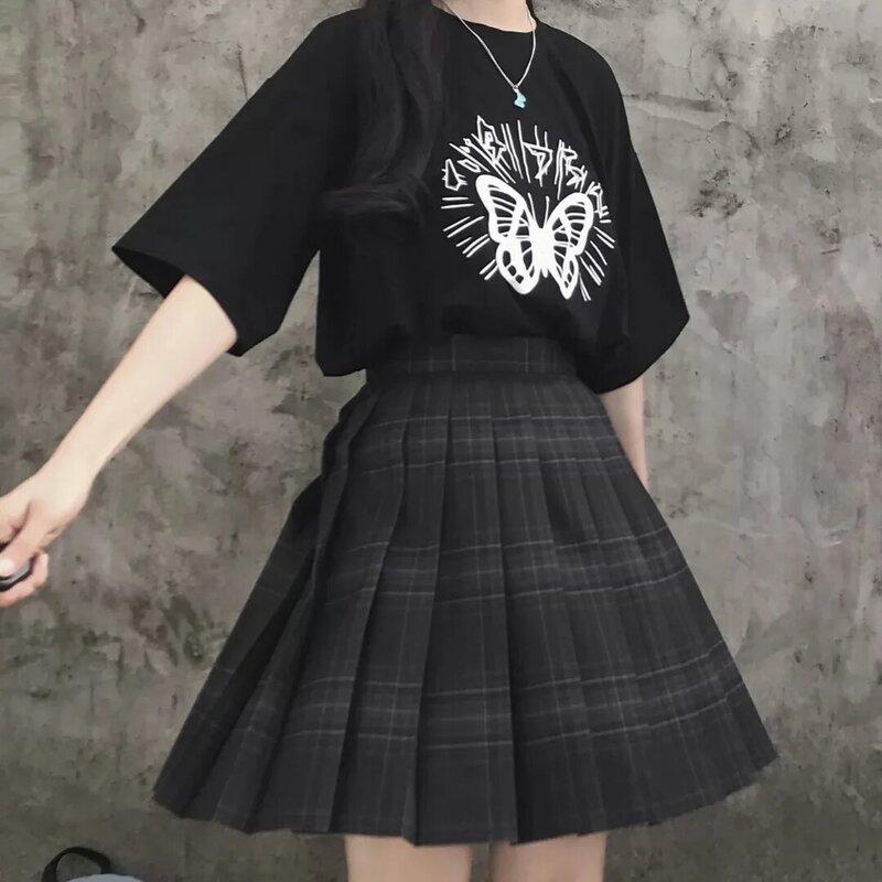 Mini-saia xadrez preta plissada feminina, cintura alta, linha A, bonito JK, preppy, moda japonesa, uniforme escolar, menina, kawaii, menina, novo