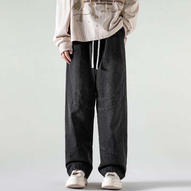 2024 nowe luźne sprane dżinsy spodnie Oversize męskie spodnie dżinsowe szerokie spodnie nogi casualowe w stylu Streetwear Hip Hop sznurkiem Harajuku
