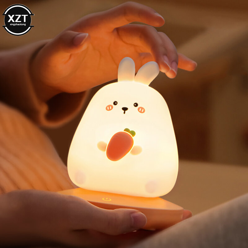 Bedroom Night Light for Children Cute Animals Pig Rabbit LED Silicone Rechargeable Lamp Touch Sensor Dimmable Kids Holiday Gifts