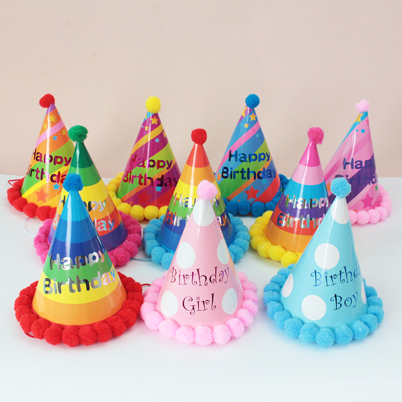 5 sztuk urodziny dzieci na przyjęcie do czapki kolorowe Pom-pom kapelusze przyjaciele rodzina Party działania nakrycia głowy dekoracje prezenty dla dzieci XPY