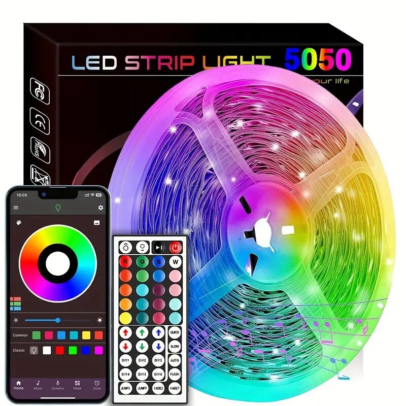 Fita LED com controle remoto infravermelho APP, fita flexível da lâmpada para decoração, cor RGB, USB, TV, quarto, festa, festival, 5050, 1-20m