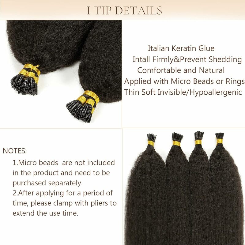 KerBrian-Extension de cheveux humains crépus et raides pré-collés, Remy Hair, Micro Link, Virgin, Micro Loop Ring Extensions, 12-30 po