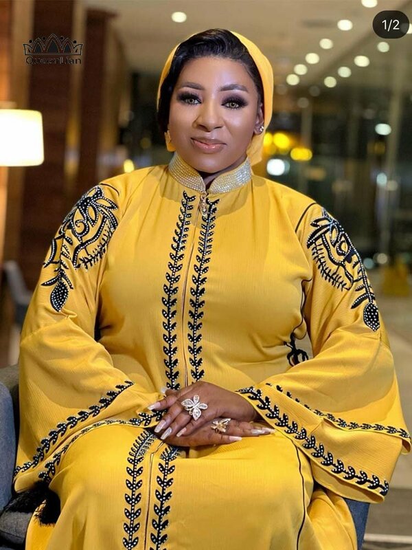 Vestido de Mujer Africana Dashiki con cuello bordado de diamantes de alta calidad, bata de bufanda, (08 #)