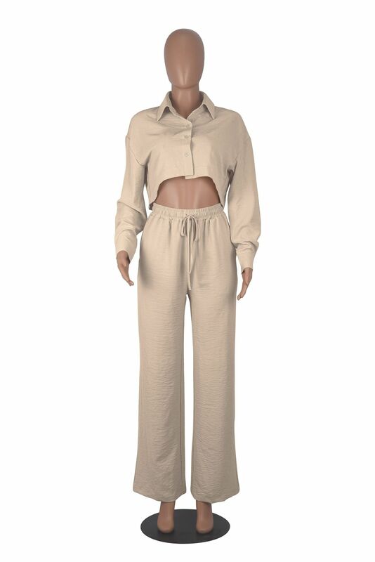 Solid Casual Two Piece Set Lounge Wear 2023 Autumn New Simple Long Sleeve Short Shirt Elastic Waist Wide Leg Pants Streetwear
