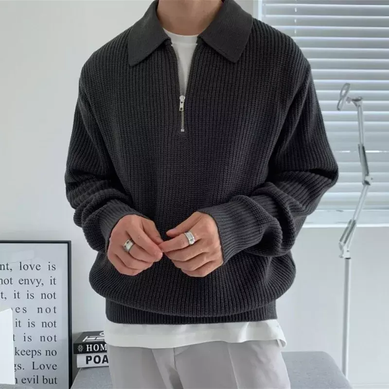 韓国のメンズ厚手の暖かいニットセーター、カジュアルなニットプルオーバー、長袖、ルーズジッパー、男性用セーター、男性用服、男性用セーター
