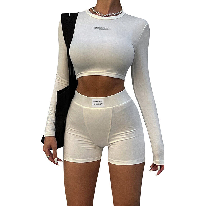 Setelan pakaian olahraga wanita, 2 potong hitam putih lengan panjang atasan kurus celana pendek putih set