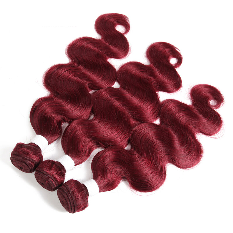 Mechones de cabello humano ondulado con cierre 99J/color burdeos, 3 mechones con cierre, extensión de cabello Remy brasileño, trama