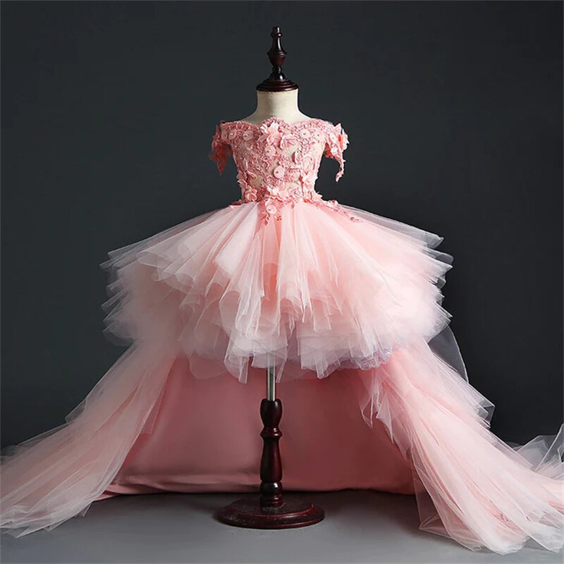 ชุดเดรสเด็กผู้หญิงดอกไม้สีชมพูแบบถอดได้สำหรับงานแต่งงานชุดเดรสผ้าทูลเปิดไหล่ชุดไปงานเต้นรำเด็กเล็ก