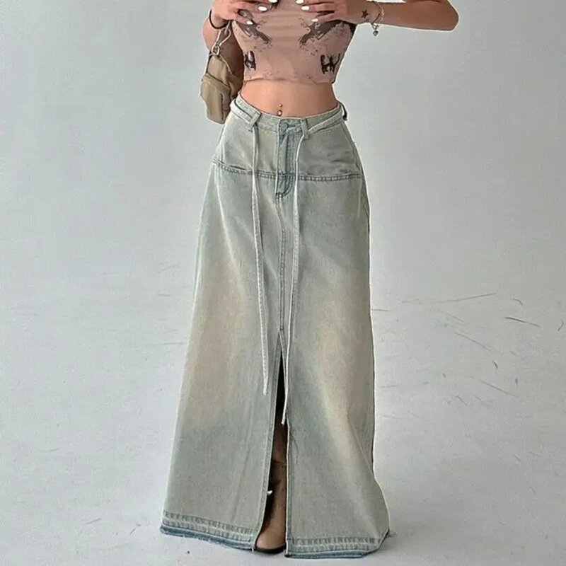 Dżinsowe długie spódnice z rozcięciem z wysokim stanem kobiety w stylu Vintage elegancka seksowna letnia odzież uliczna klasyczna Y2k dziewczęca moda w stylu europejskim