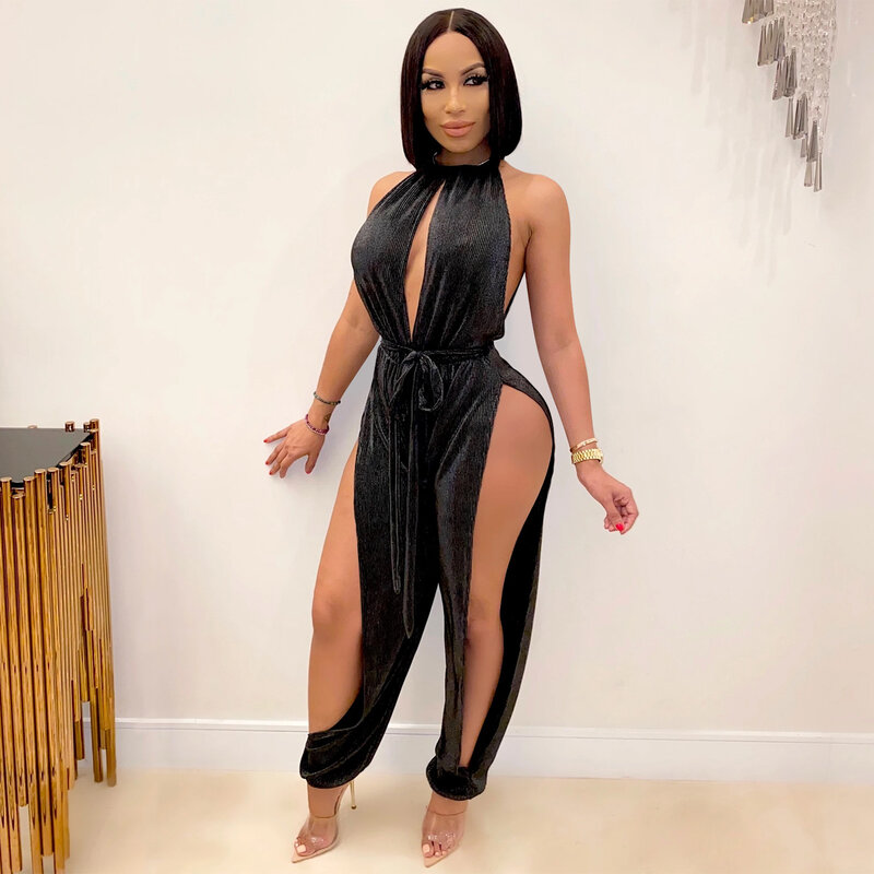 Women's Elastic Slit Jumpsuit, Pants Rompers, Sexy Lace-up, European and American Fashion