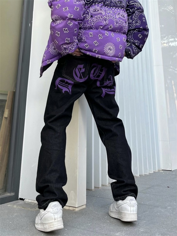 Y2k retro sanscrito jeans neri pantaloni casual da strada punk maschile stampa hip-hop pantaloni dritti da uomo Harajuku larghi in vendita calda