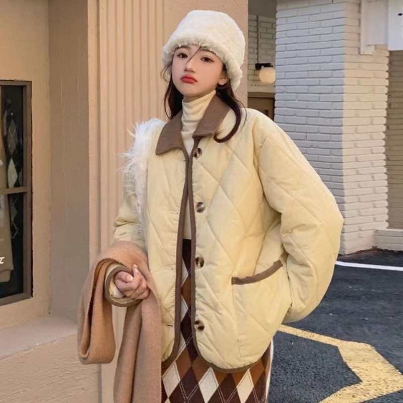 Beenle-女性のための市松模様の服、厚い綿のパッド入りジャケット、ゆったりとしたカーディガン、小さなクリップのコットンコート、韓国のファッション、冬のコート