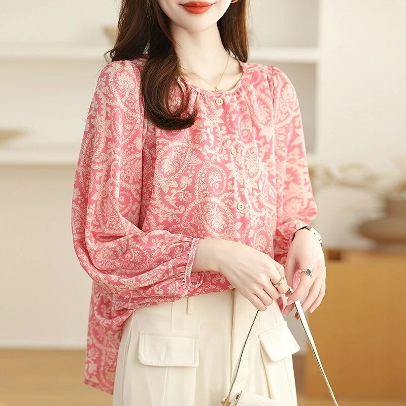 Женская рубашка с длинными рукавами-фонариками, розовая нежная футболка с цветочным принтом в Корейском стиле, лето 2024