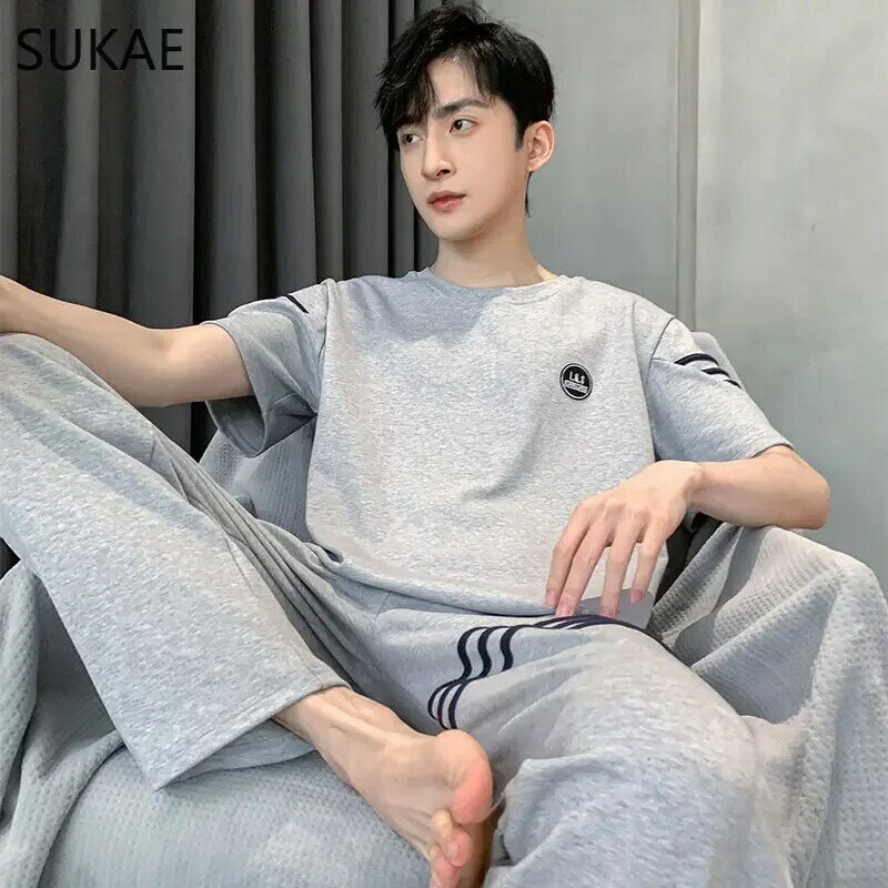 SUKAE L-4XL koreański styl minimalistyczny męskie zestaw piżamy lato bawełna elegancka rozrywka bielizna nocna dla chłopca Casual dla mężczyzn Homsuit Pijama