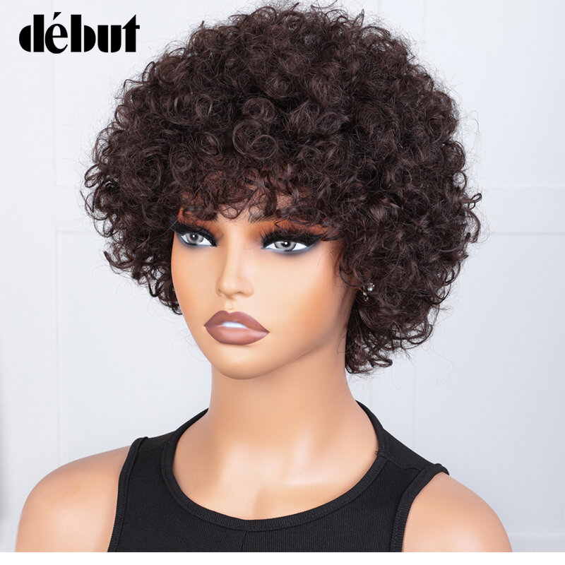 Parrucca corta Pixie Afro crespo riccia parrucca Glueless marrone naturale con frangia parrucche brasiliane Remy dei capelli umani Jerry ricci per le donne